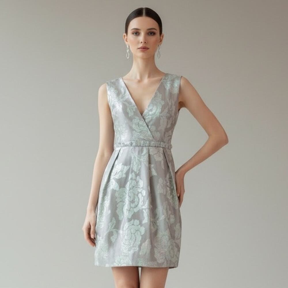 ASOS Metallic Floral Jacquard Bubble Dress Mini Grey Iridescent Cocktail Sz 2